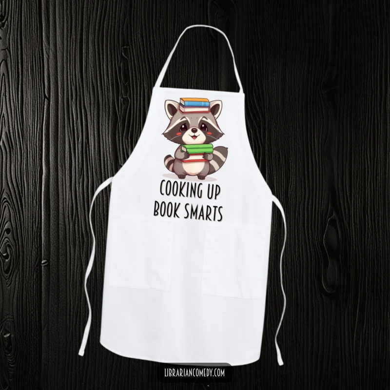 Funny Apron: A determined raccoon comically balancing a stack of books on its head while wearing a chef's hat, ready to cook.