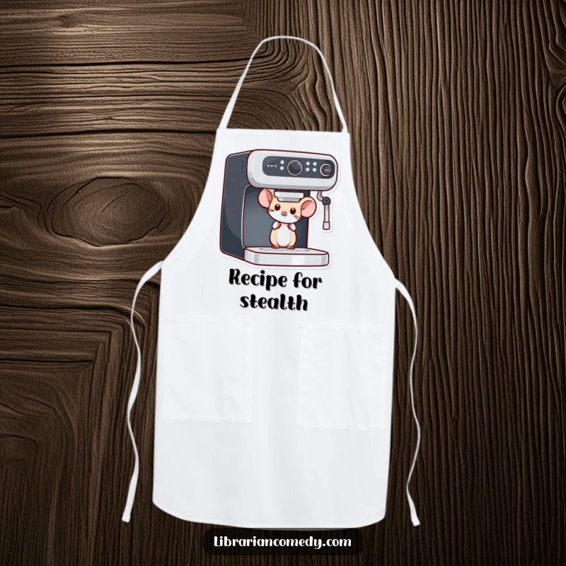 Funny mouse apron showing a curious mouse peeking from behind a bookshelf, perfect for kitchen activities for book lovers.