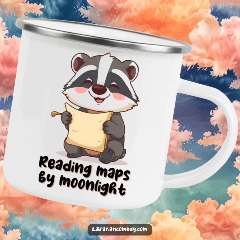 Funny Camping Mug: A happy badger comically reads a tiny scroll, designed for outdoor adventures and cozy storytelling.