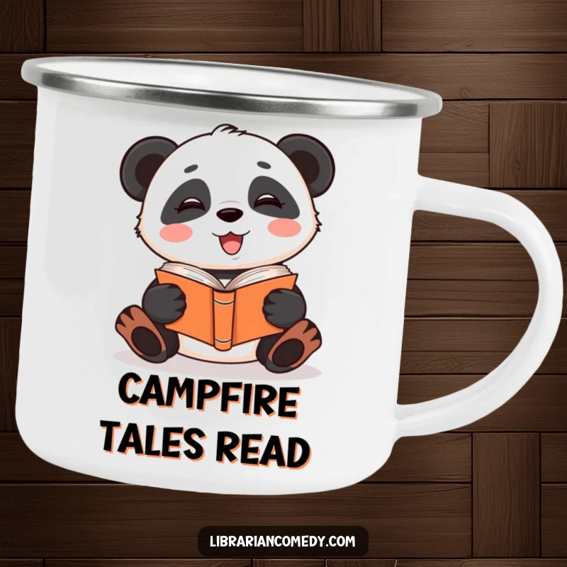 Funny giggling panda reading a book upside down on a durable camping mug, perfect for outdoor adventures and coffee lovers.