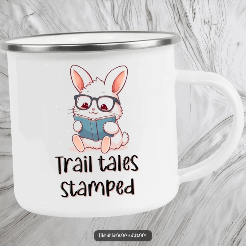 Funny rabbit with glasses stamping a book on a durable camping mug, perfect for outdoor adventures and coffee lovers.