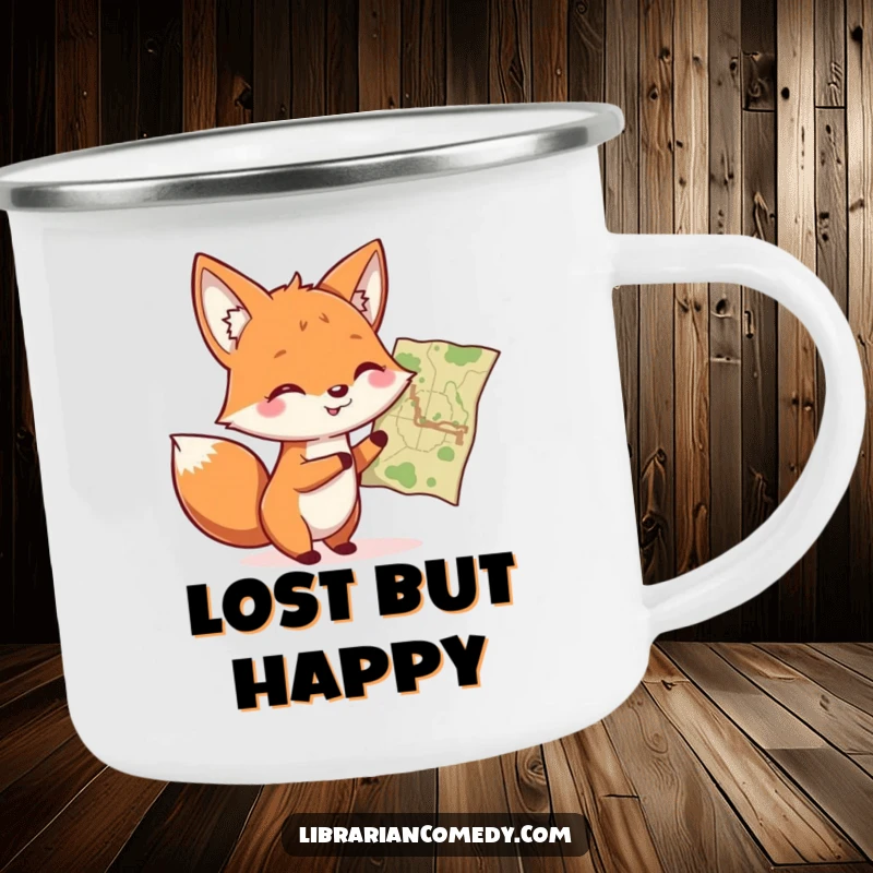 Funny fox pointing at a map on a durable camping mug, perfect for outdoor adventures and coffee lovers.