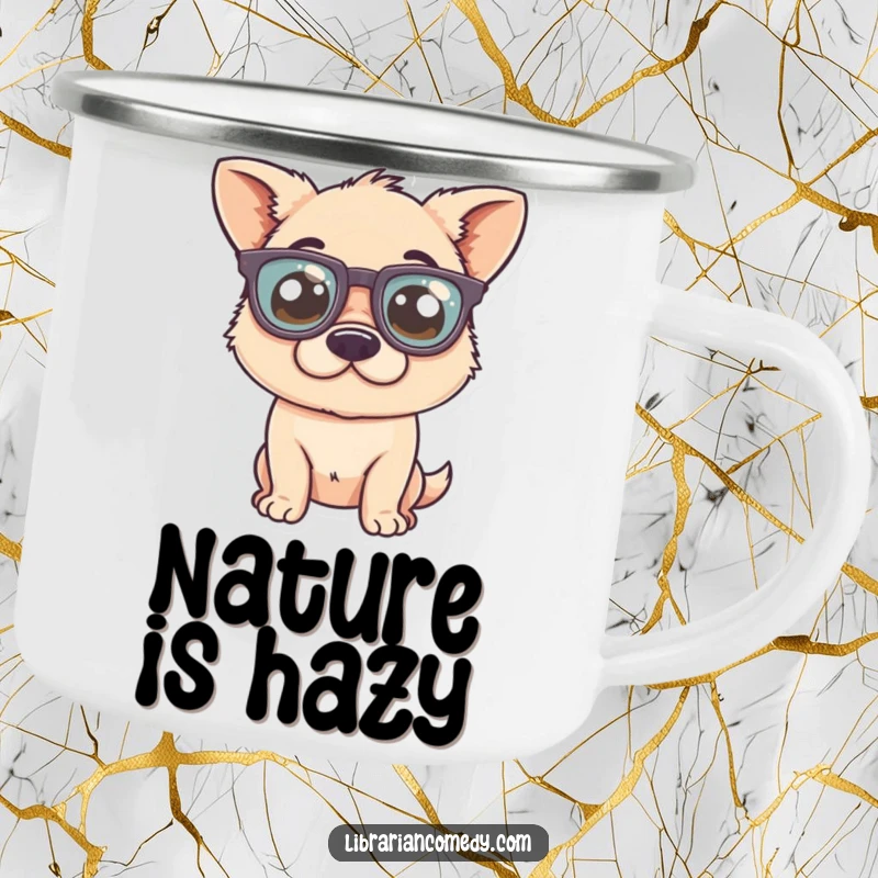 Funny Camping Mug: A silly dog comically wearing oversized glasses, ready for outdoor adventures and coffee breaks.