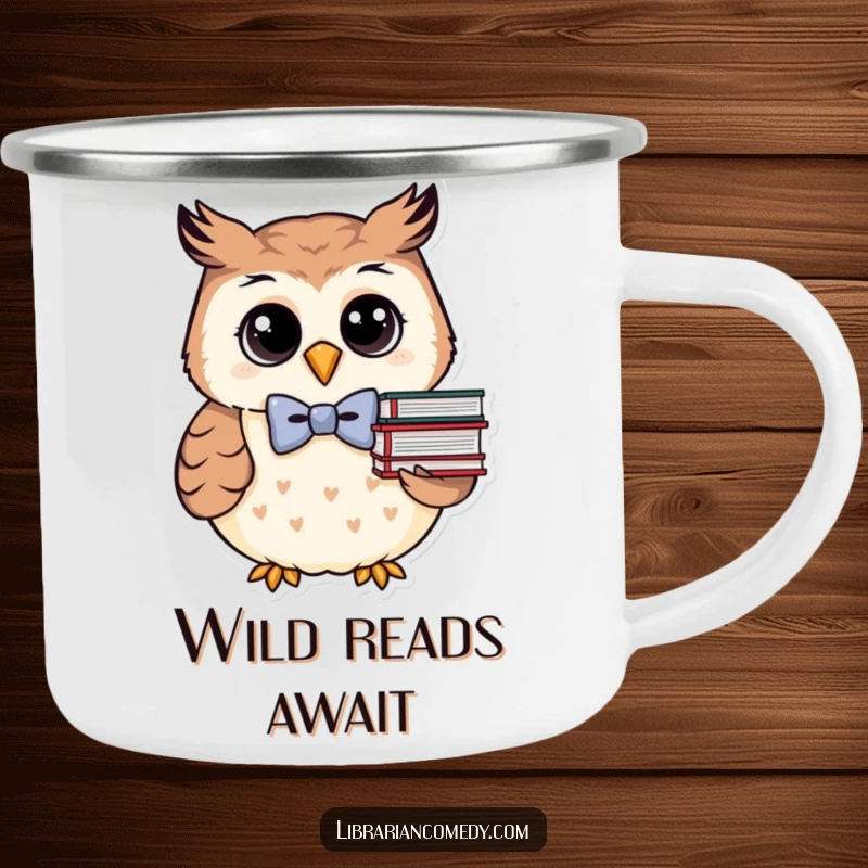 Funny owl with bowtie and books on a durable camping mug, perfect for outdoor adventures and coffee lovers.