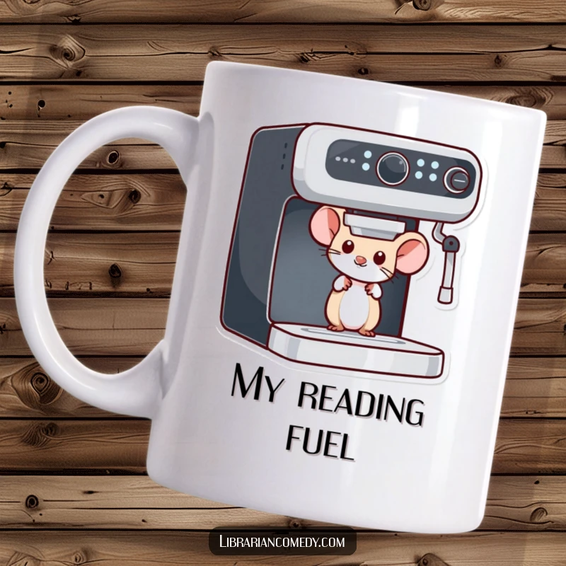 Funny mouse mug showing a curious mouse peeking from behind a bookshelf, embodying a love for books and quiet observation.