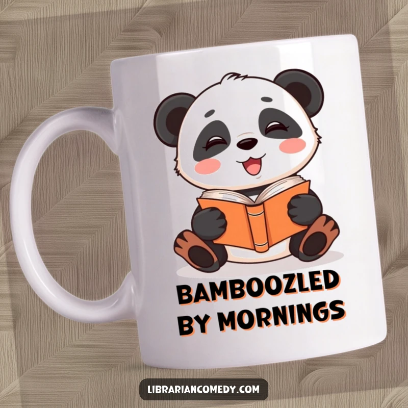 Funny giggling panda reading a book upside down on a mug, showing quirky reading habits, a funny gift.