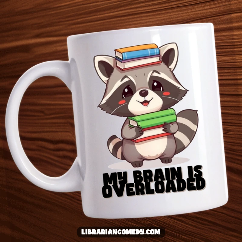 Funny Mug: Playful raccoon comically balancing a tall stack of books precariously on its head, looking scholarly and silly.
