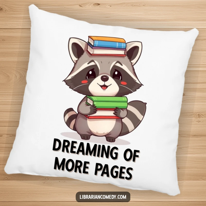 Funny Pillow: A cute raccoon comically balancing a stack of books on its head, perfect for adding humor to any cushion.
