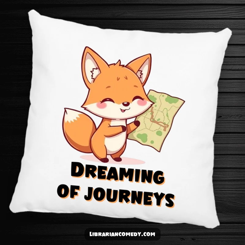 Funny fox pointing at a map on a decorative pillow, offering comfort and adventure vibes, a funny gift.