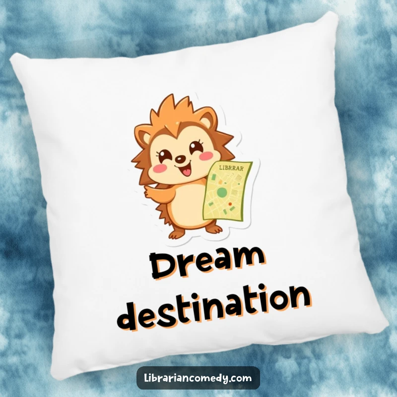 Funny hedgehog pillow with a cheerful hedgehog pointing at a library map, offering comfort and a touch of guiding charm.