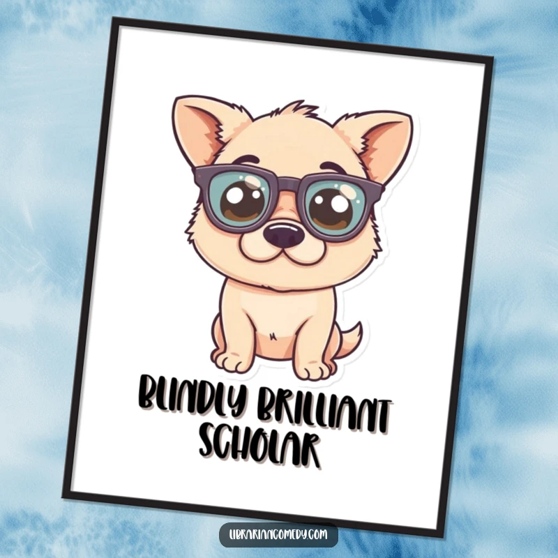 Funny Digital Art Print: A silly dog comically wearing large, round glasses, exuding charm and playful intellect.
