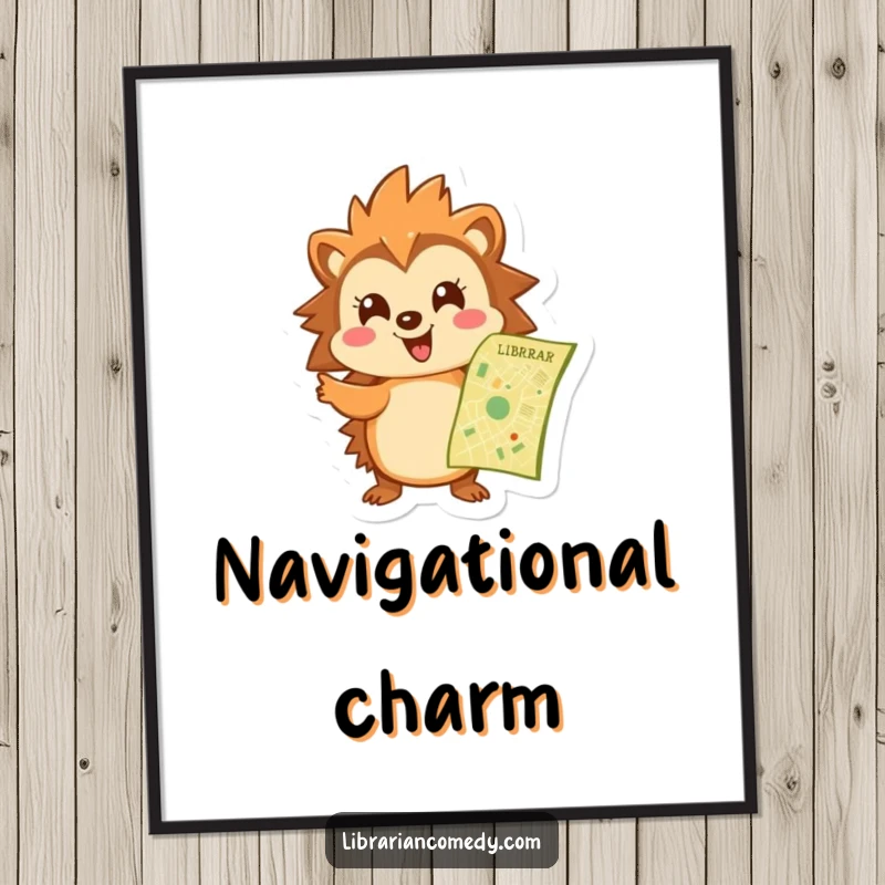 Funny hedgehog digital art print showing a cheerful hedgehog pointing at a library map, bringing instant charming guidance and humor to any space.