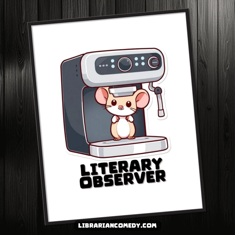 Funny mouse digital art print showing a curious mouse peeking from behind a bookshelf, bringing instant literary charm and humor to any space.