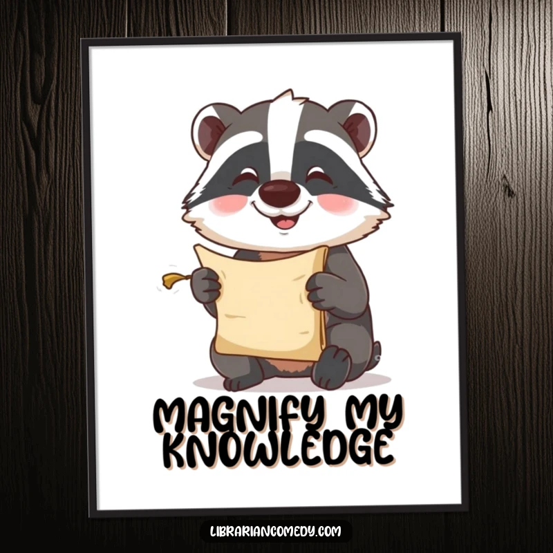Funny Digital Art Print: A happy badger comically peers at a tiny scroll, exuding charm and studious curiosity.