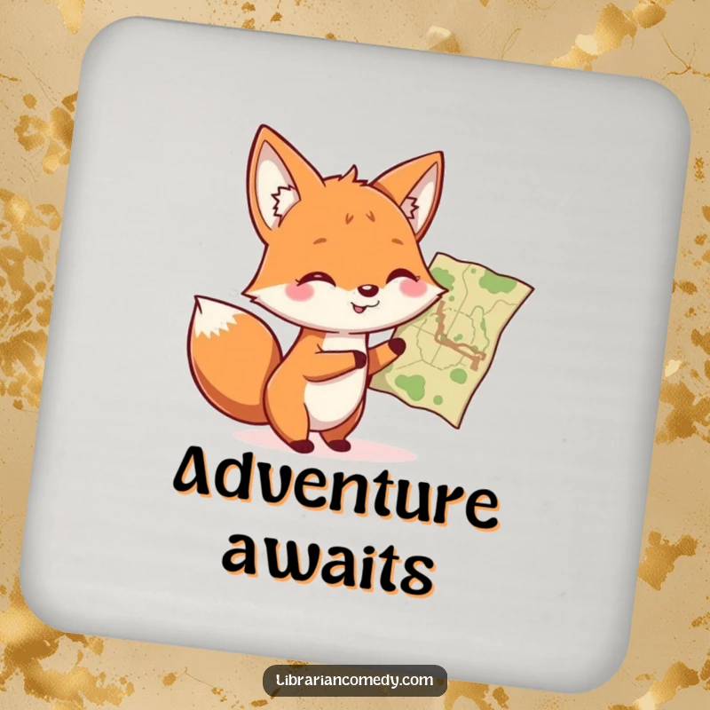 Funny fox pointing at a map on a drink coaster, protecting surfaces with adventure vibes, a funny gift.