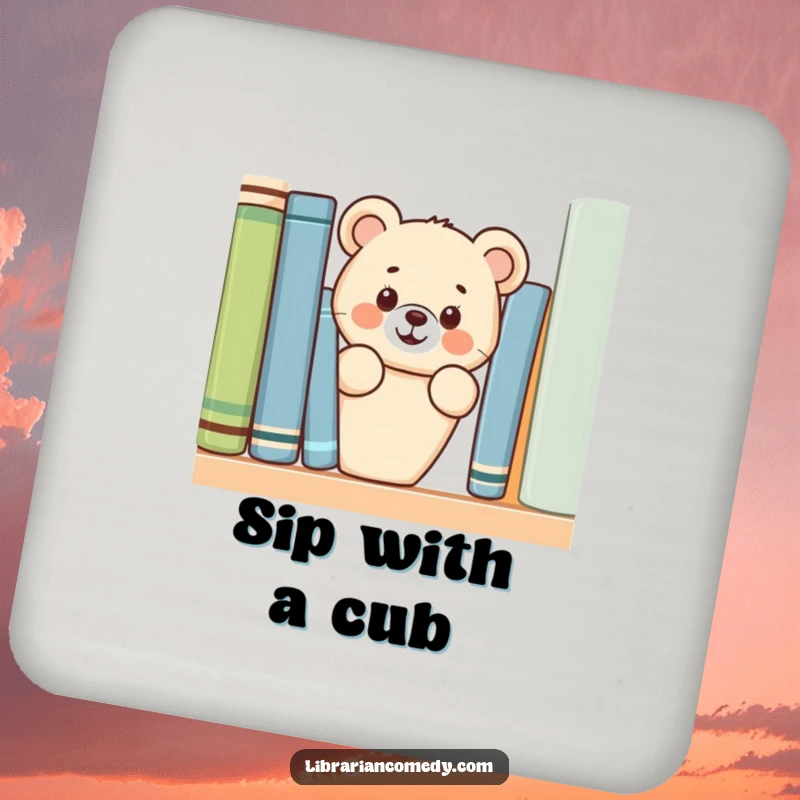 Funny bear cub peeking from behind a bookshelf on a drink coaster, protecting surfaces with cuteness, a funny gift.