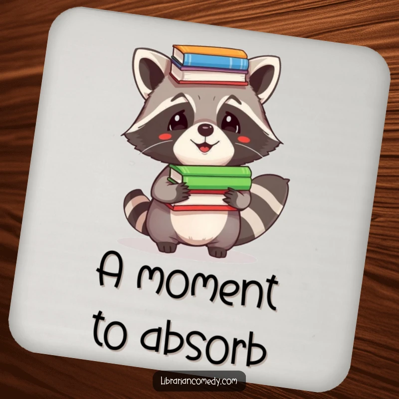 Funny Coaster: A charming raccoon comically balancing a stack of books on its head, protecting your furniture with a smile.