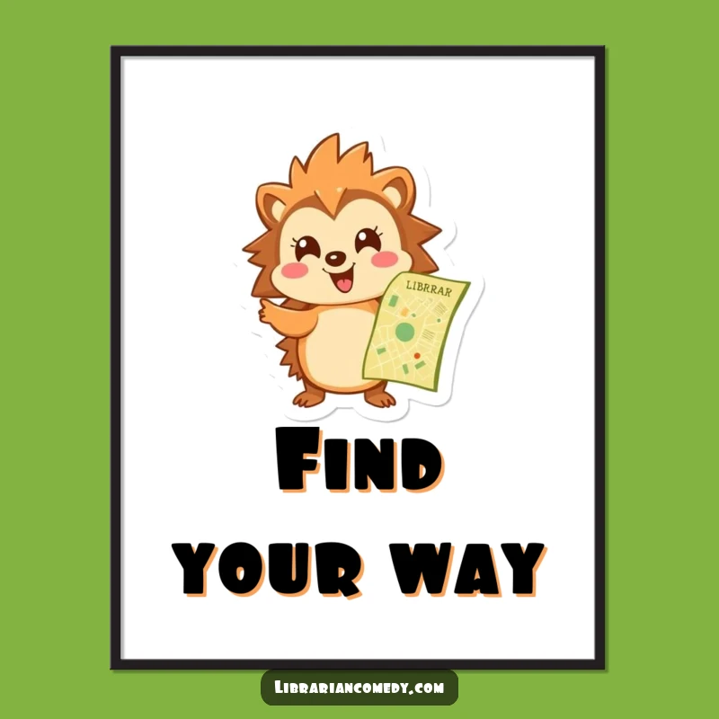 Funny Hedgehog Library Map Poster: Navigate Your Walls, Perfect Literary Gift
