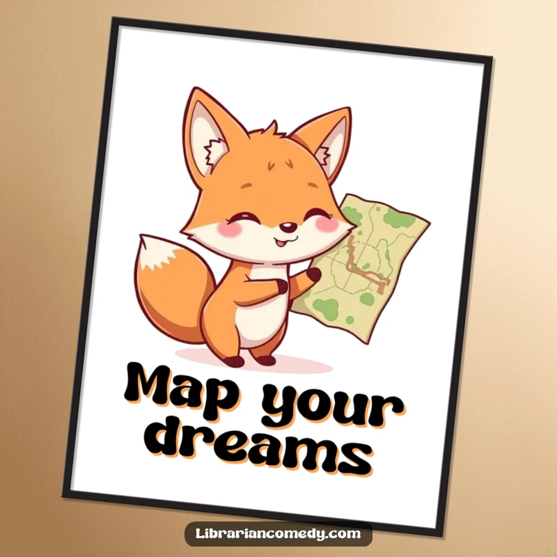 Funny smiling fox pointing at a map on a poster, inspiring wanderlust and adventure, perfect for travel lovers.