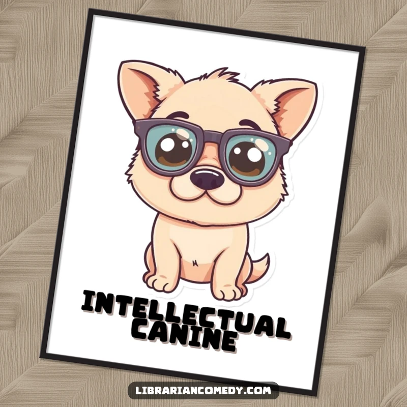 Funny Poster: A cute, silly dog comically sporting oversized glasses, looking studious and adorable on your wall.