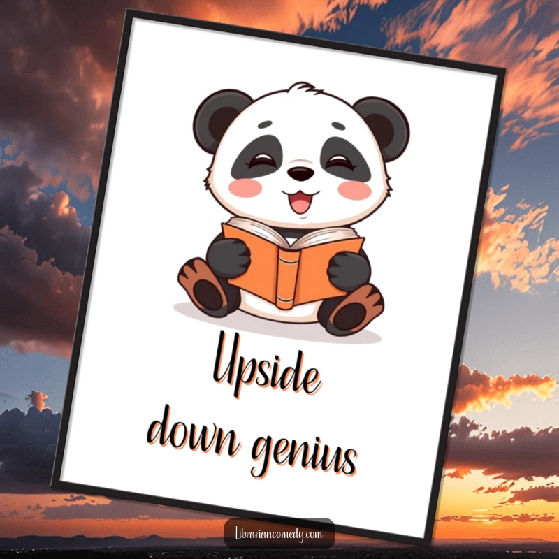 Funny giggling panda reading a book upside down on a poster, adding quirky humor to walls, perfect for reading spaces.