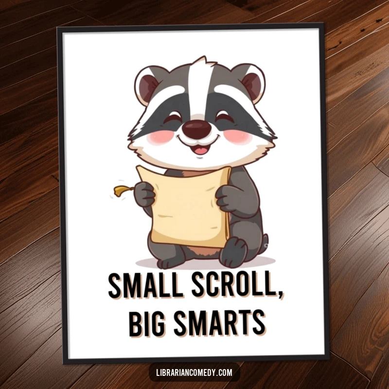 Funny Free Printable Wall Art: A happy badger comically squinting and concentrating on reading a very small scroll.