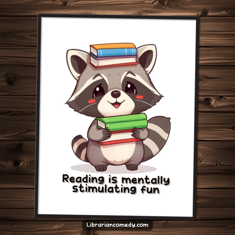 Funny Free Printable Wall Art: Playful raccoon comically balancing a precarious stack of books on its head.