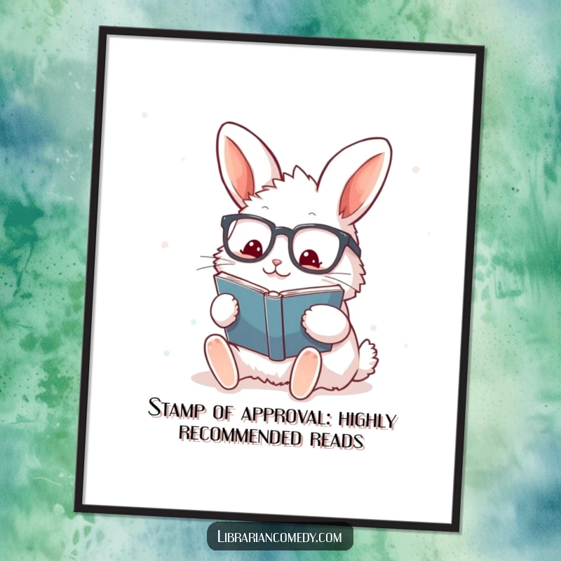 Funny Free Printable Wall Art: Enthusiastic rabbit wearing glasses, stamping a book with great vigor and charm.