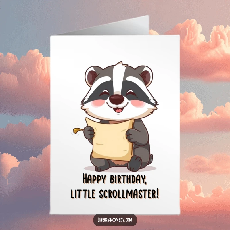 Funny Free Printable Birthday Card: A happy badger comically squinting to read a very small scroll.