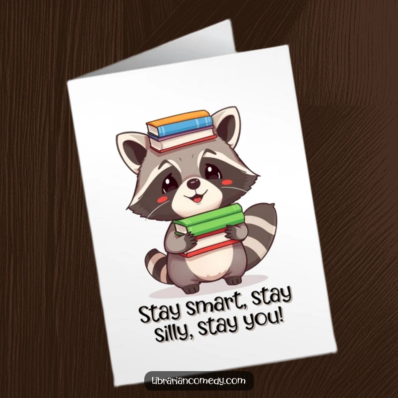Funny Free Printable Birthday Card: Raccoon comically balancing a stack of books on its head with a silly expression.