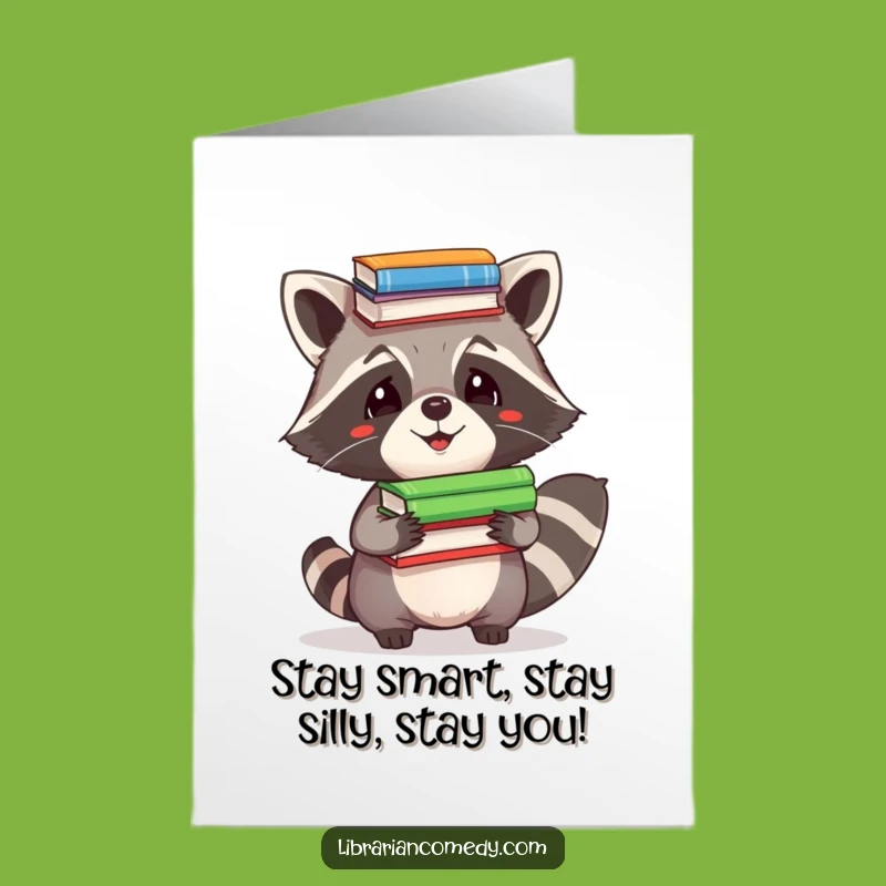 Funny Free Printable Birthday Card: Raccoon Book Balancing, Downloadable Humor