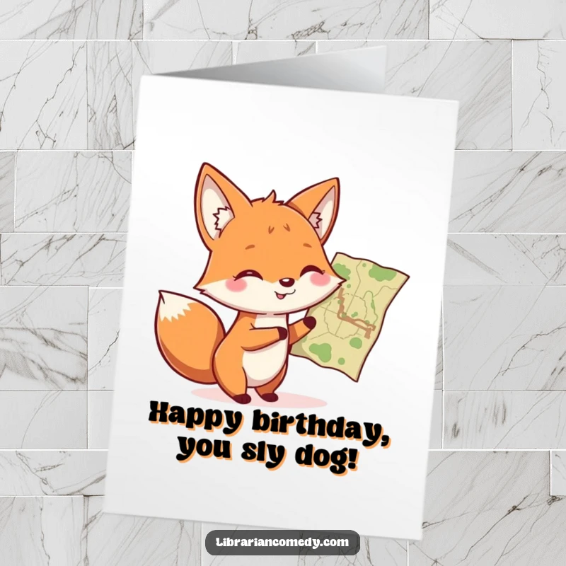 Funny Free Printable Birthday Card: Smiling fox pointing at a map with a twinkle, planning a birthday adventure with excitement.