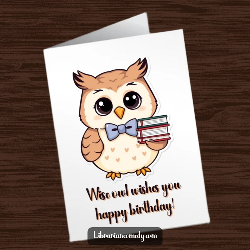 Funny Free Printable Birthday Card: Cute bowtie owl holding books, ready to deliver birthday wishes with literary flair.