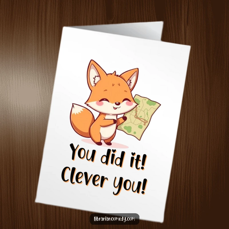 Funny Free Printable Congratulations Card: Sly fox pointing at a map with a knowing twinkle, celebrating a successful journey.