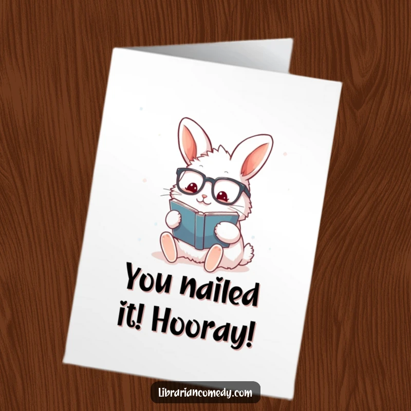 Funny Free Printable Congratulations Card: Rabbit with glasses enthusiastically stamping a book, celebrating a job well done.
