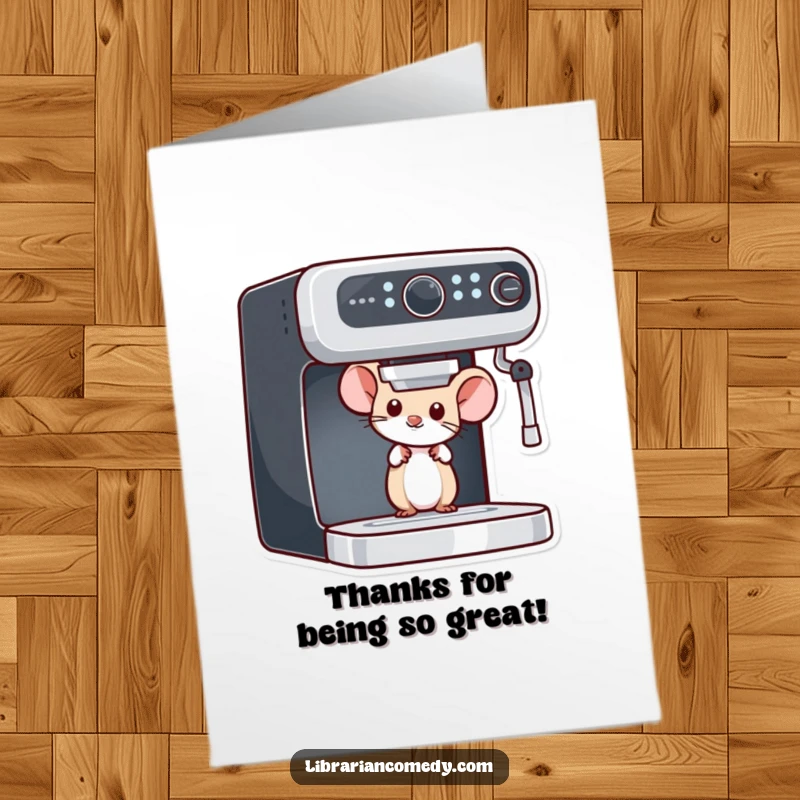 Funny Free Printable Thank You Card: A small mouse peeks curiously from behind a bookshelf, adding a charming touch of thanks.