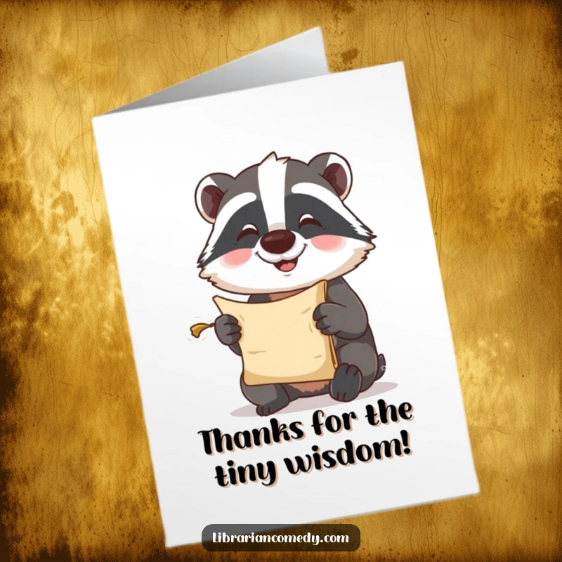 Funny Free Printable Thank You Card: A happy badger comically reading a tiny scroll to express thanks.