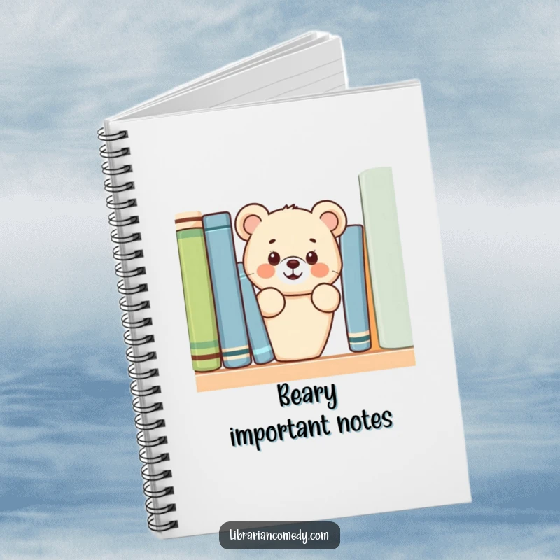 Funny bear cub peeking from behind a bookshelf on a notebook cover, encouraging writing and imagination, a funny gift.