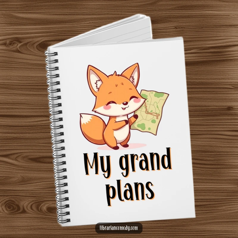 Funny fox pointing at a map on a notebook cover, encouraging planning and adventure, a funny gift for travelers.