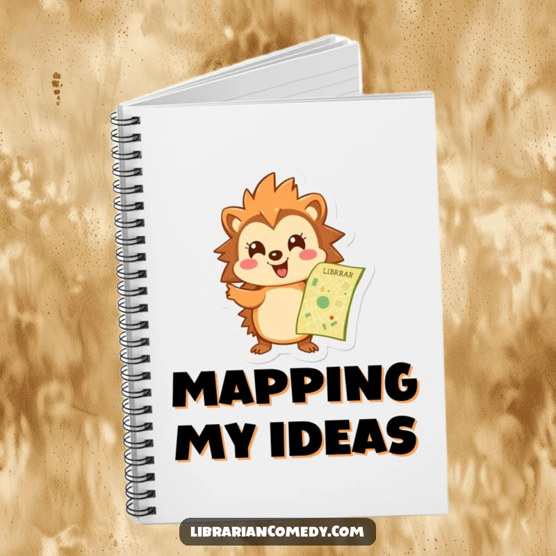 Funny hedgehog notebook depicting a cheerful hedgehog pointing at a library map, ideal for jotting down plans and literary discoveries.