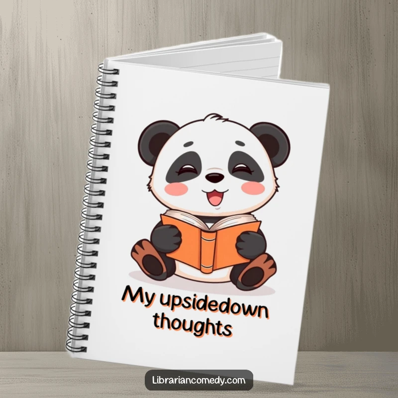 Funny giggling panda reading a book upside down on a notebook cover, encouraging creative and quirky writing, a funny gift.