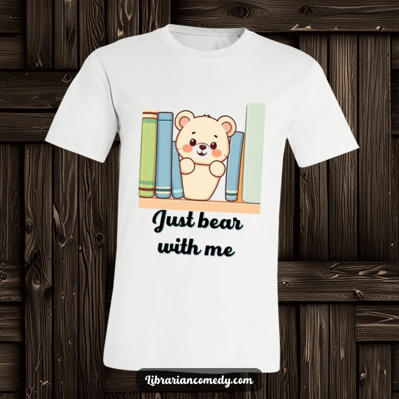 Funny cheerful bear cub peeking from behind a bookshelf on a t-shirt, looking cute and playful, perfect for readers.