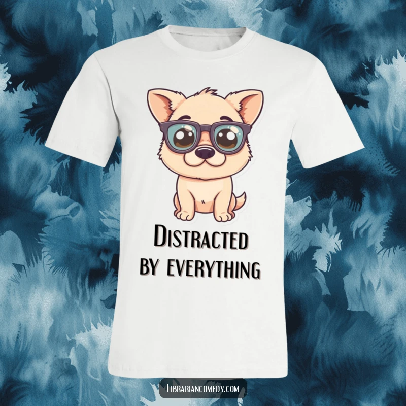 Funny T-Shirt: A happy-go-lucky dog comically sporting large, thick-rimmed glasses that almost slide off its snout.