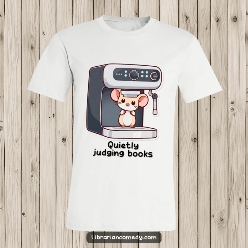 Funny mouse t-shirt depicting a curious mouse peeking from behind a bookshelf, perfect for readers who enjoy a touch of mystery.