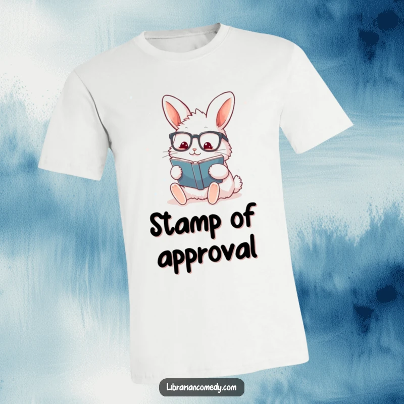 Funny rabbit with glasses stamping a book enthusiastically on a t-shirt, expressing love for reading, a funny gift.