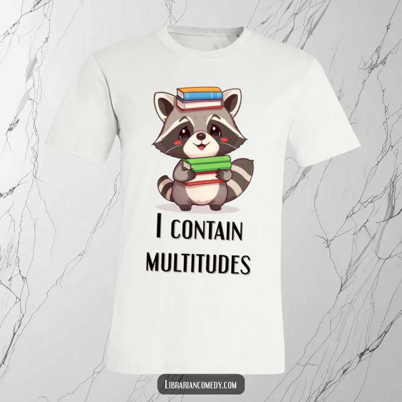 Funny T-Shirt: Adorable raccoon comically attempting to balance a tower of books upon its head, showcasing its quirky intelligence.