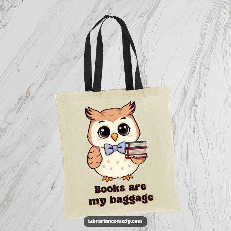 Funny owl with bowtie and books on a tote bag, suitable for carrying books and everyday items, a funny gift.