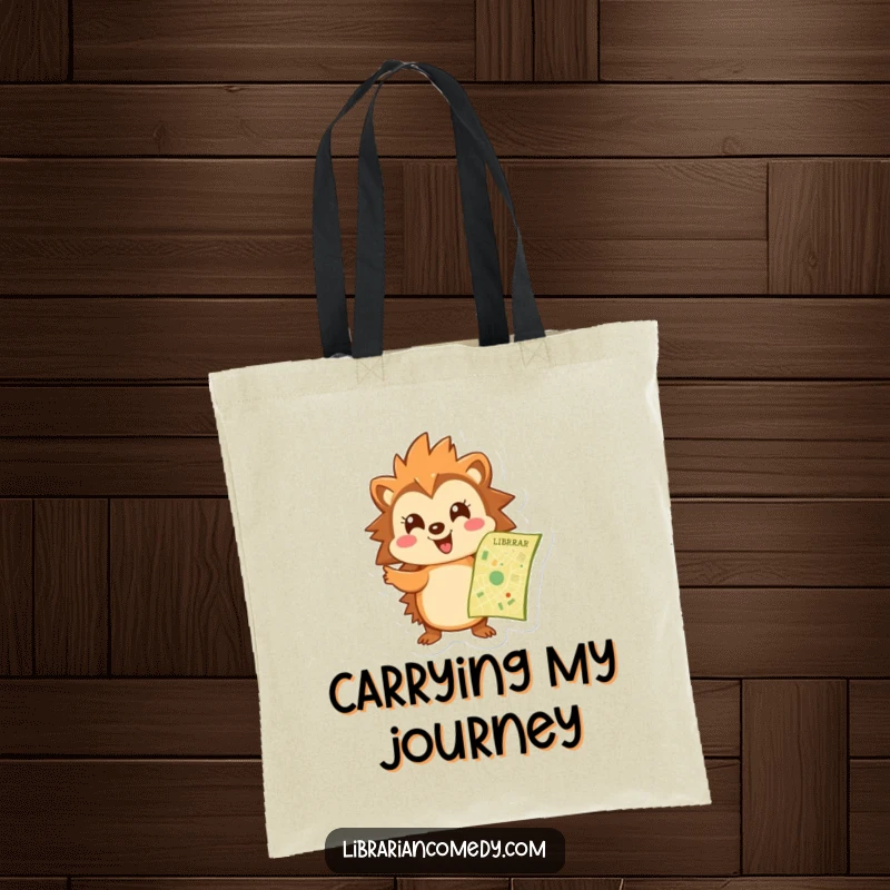 Funny hedgehog tote bag depicting a cheerful hedgehog pointing at a library map, perfect for carrying books and library essentials.