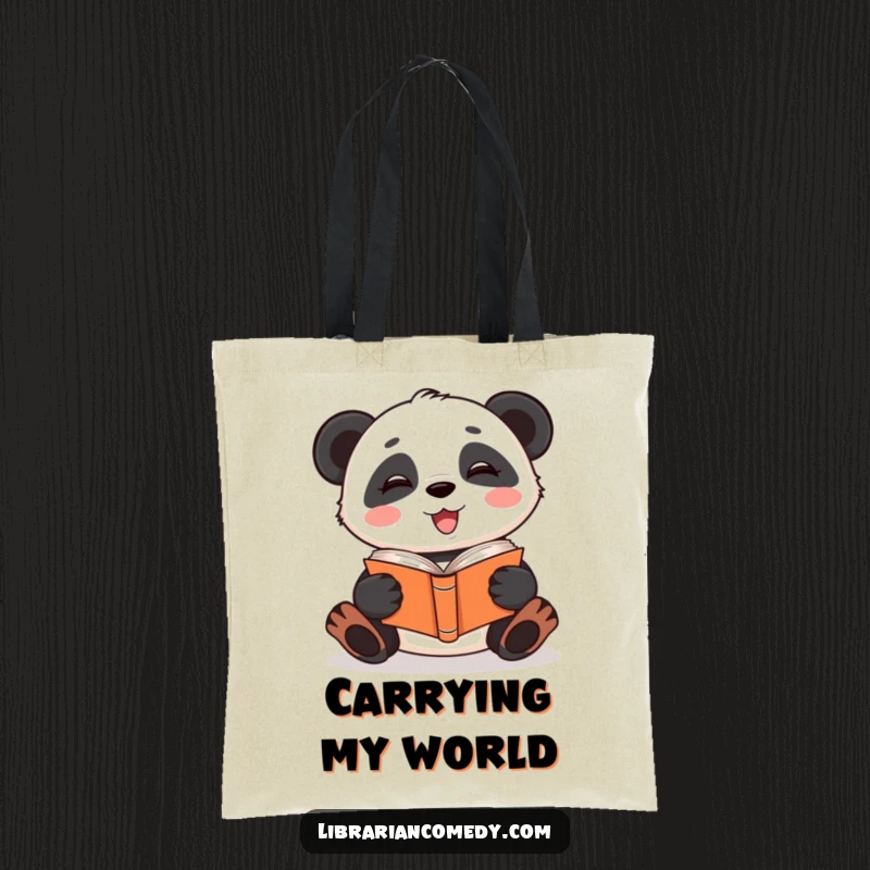 Funny giggling panda reading a book upside down on a tote bag, ideal for carrying books with quirky style, a funny gift.