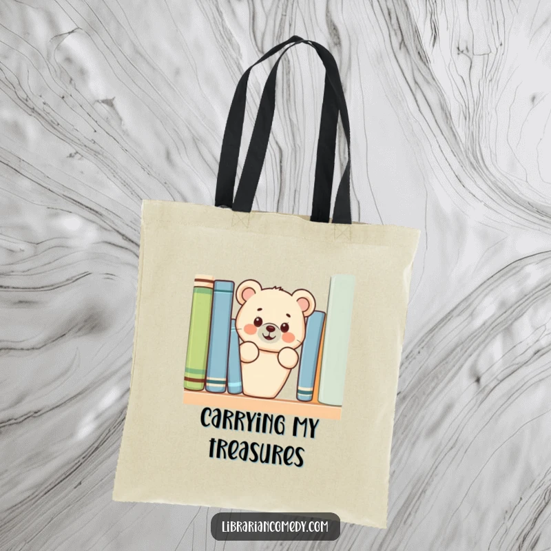 Funny bear cub peeking from behind a bookshelf on a tote bag, ideal for carrying books and essentials, a funny gift.